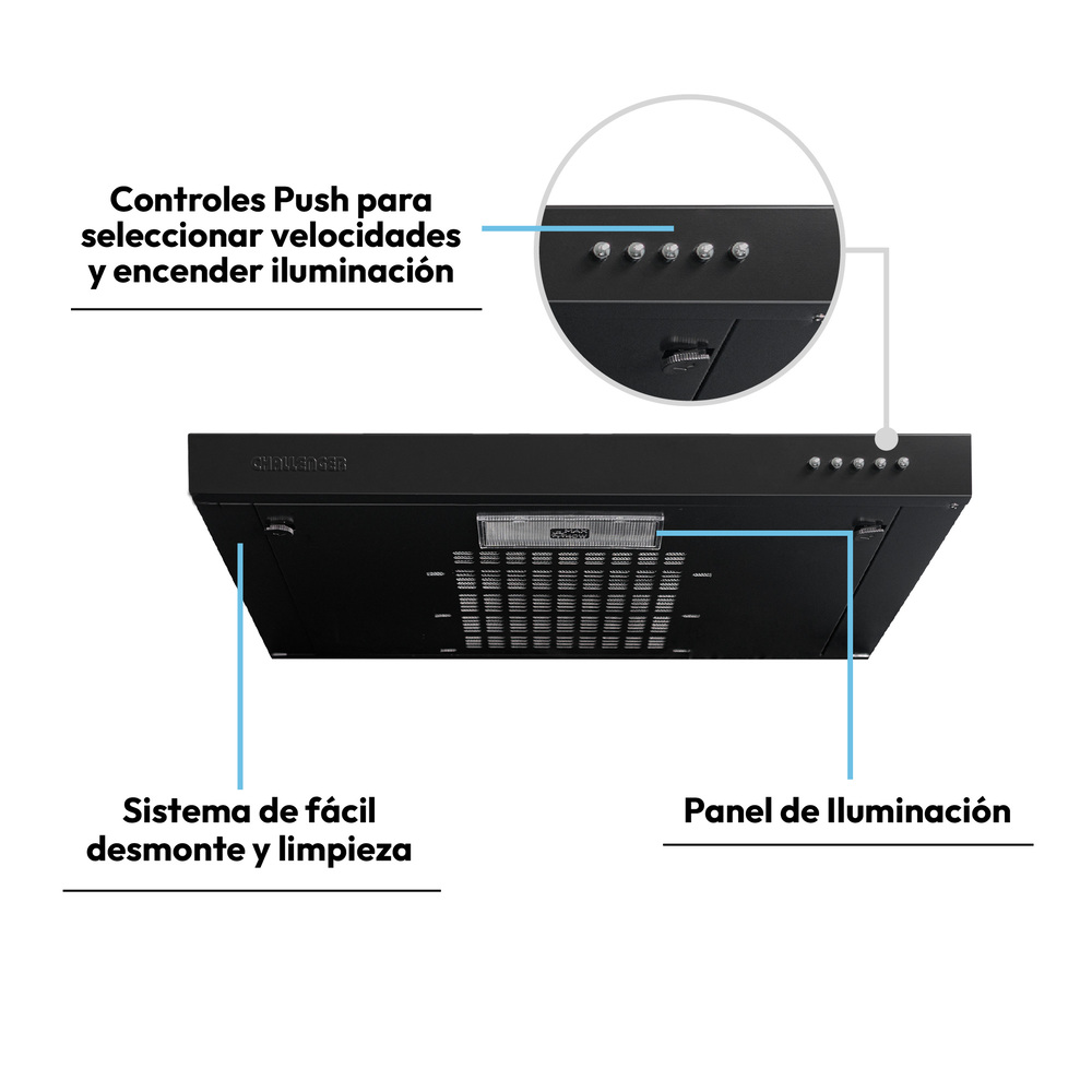 Campana Horizontal Challenger Horizontal de 60 cm x 8 cm Tres Velocidades Negra - Imagen 3