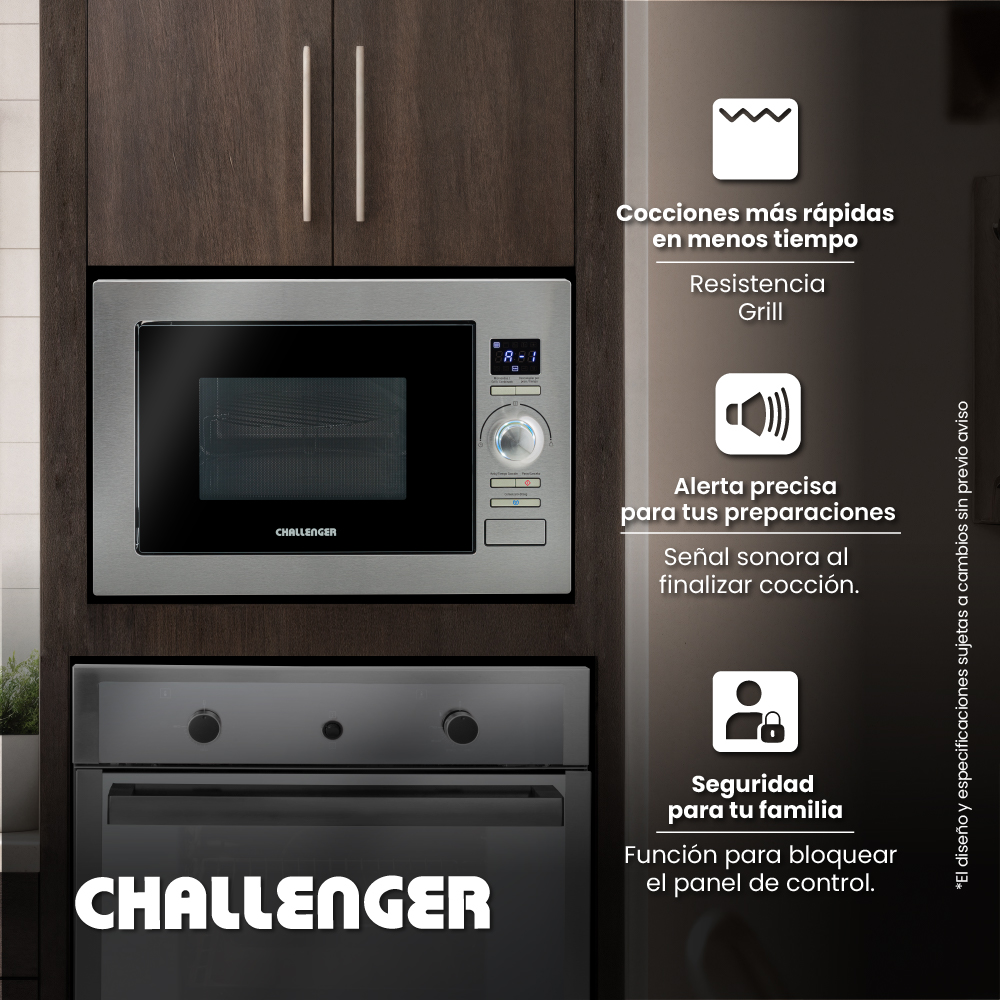 Horno Microondas de Empotrar Challenger de 25 litros con dorador Inox-Negro 120 V - Imagen 2