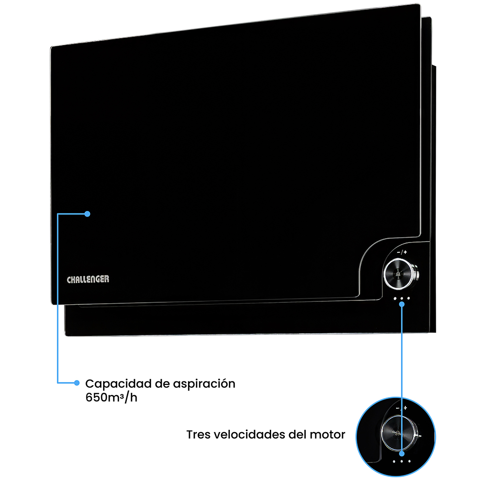 Campana Challenger Península de 60 cm, Tres Velocidades,Vidrio Negro - Imagen 2