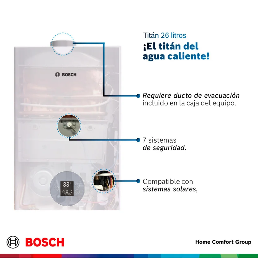 Calentador de paso Bosch 26 litros Tiro Forzado Digital Gas Natural Titán 5700 - Imagen 3