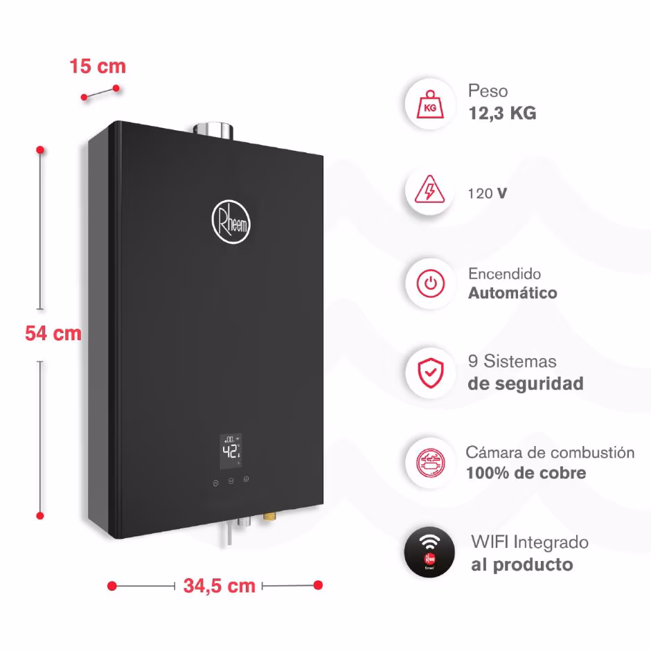 Calentador de paso Rheem 12 Litros Tiro Forzado Gas Natural Panel Digital Wifi - Imagen 3